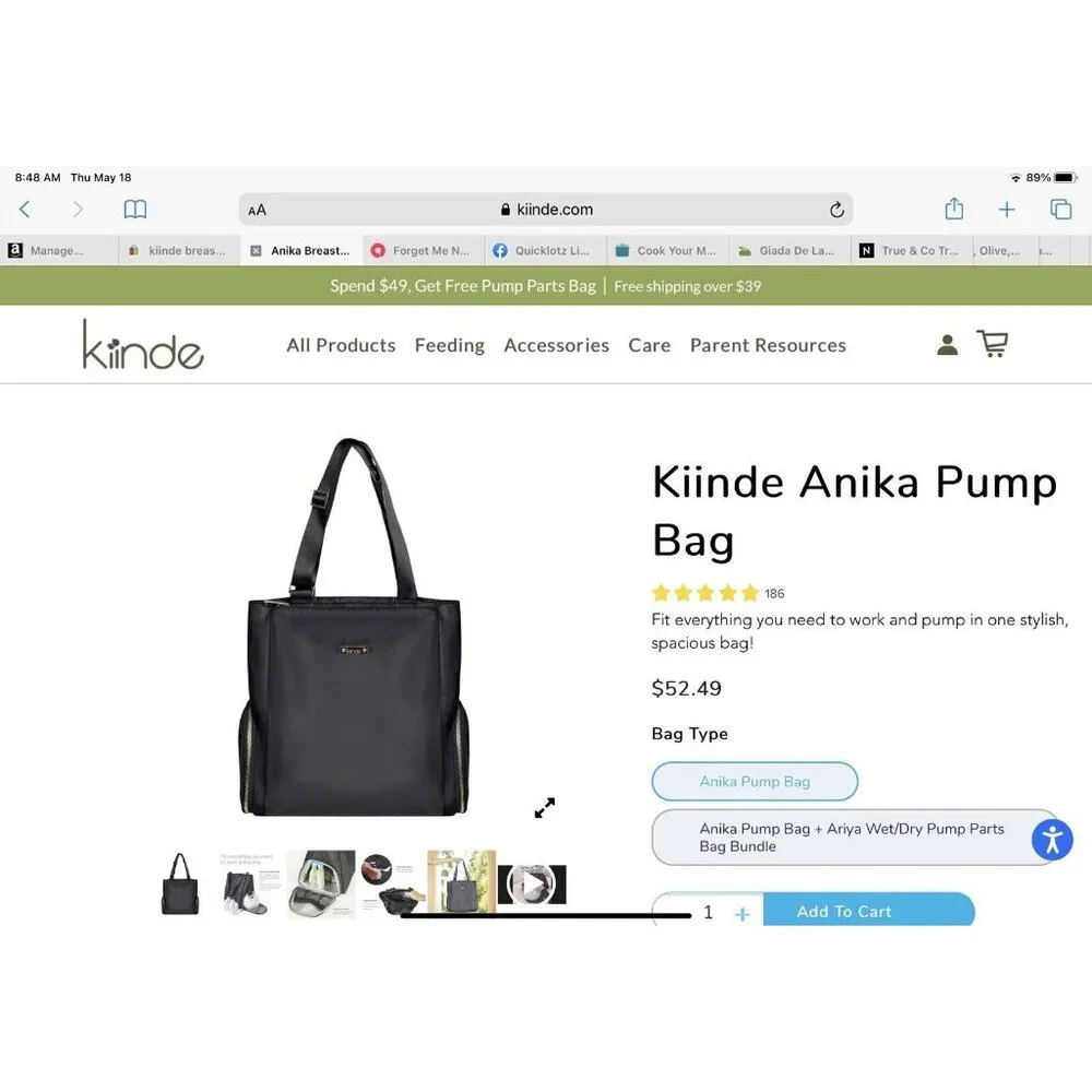 Kiinde Anika Breast Pump Baby Bag Cooler Pocket Laptop Compartment New Black Zip